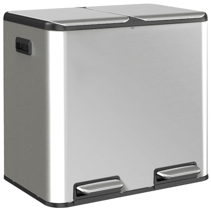 HOMCOM 2 x 20L Double Kitchen Bin, Stainless Steel Pedal Rubbish Bin with Dual Compartments, Soft Close Lids, Silver Tone