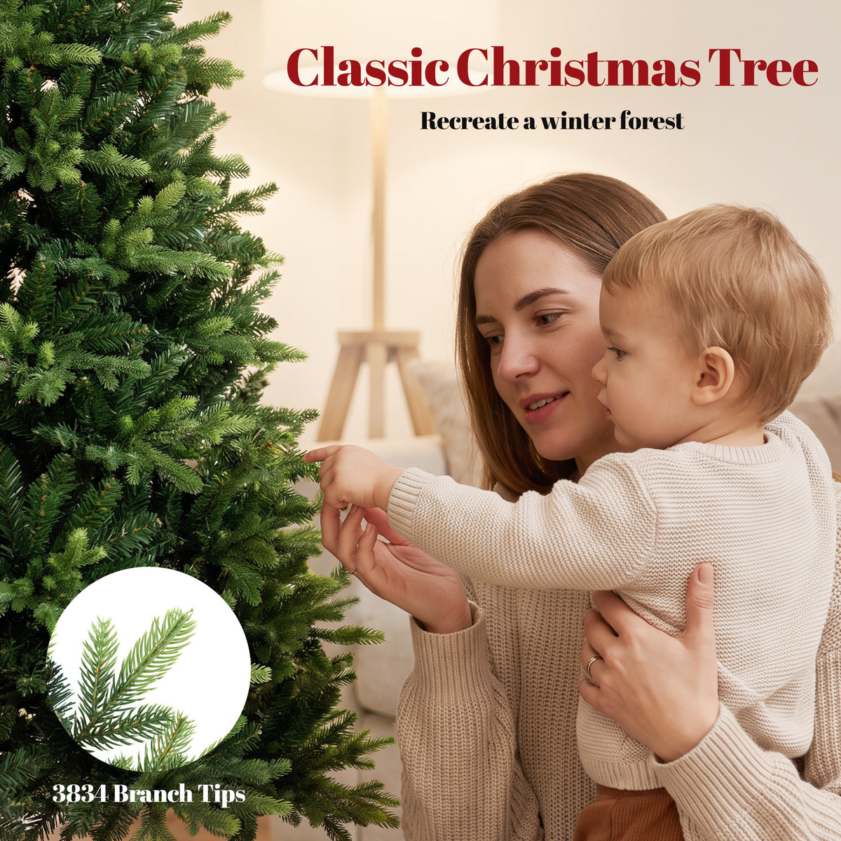 HOMCOM Artificial Christmas Tree, Hinged Xmas Tree with 3834 PE & PVC Branch Tips, 7ft, Green