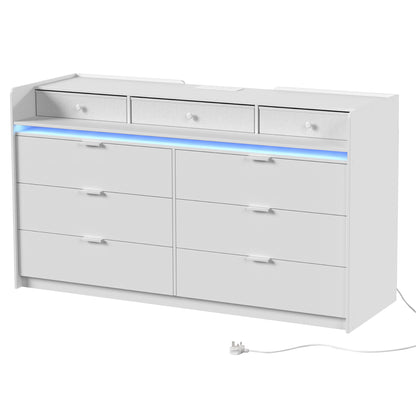 HOMCOM Chest of Drawers for Bedroom with LED Light & Charging Station, 9 Drawers Storage Unit/TV Stand, White