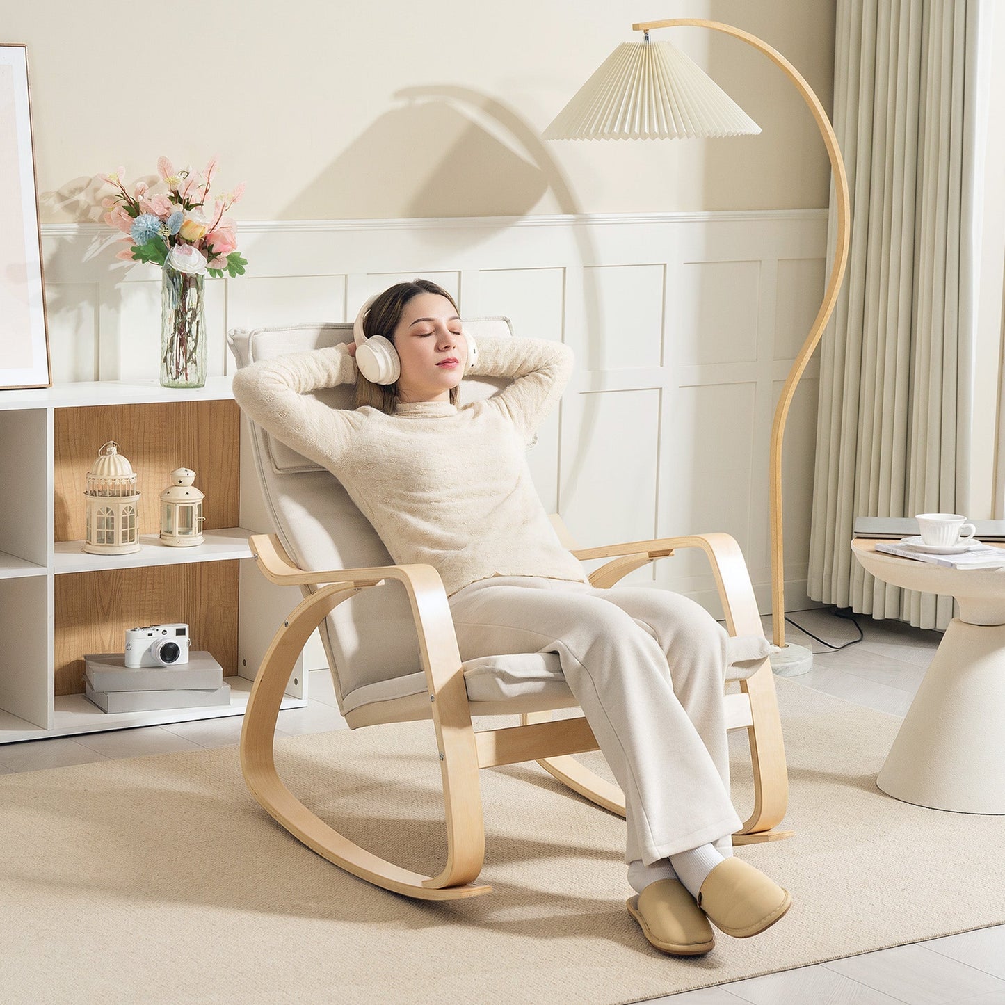 HOMCOM Comfortable Relax Rocking Chair, Upholstered Lounge Chair Recliner with High Back and Headrest for Living Room, Bedroom, Cream White