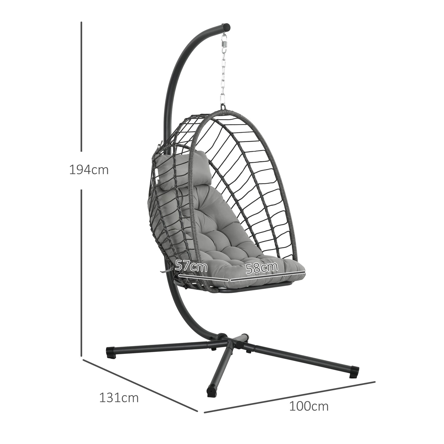 Outsunny Outdoor PE Rattan Swing Chair z poduszką, składany kosz ogrodowy Patio Hanging Egg Chair z metalowym stojakiem, zagłówek, do wewnątrz i na zewnątrz, jasnoszary