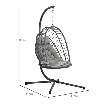 Outsunny Outdoor PE Rattan Swing Chair z poduszką, składany kosz ogrodowy Patio Hanging Egg Chair z metalowym stojakiem, zagłówek, do wewnątrz i na zewnątrz, jasnoszary