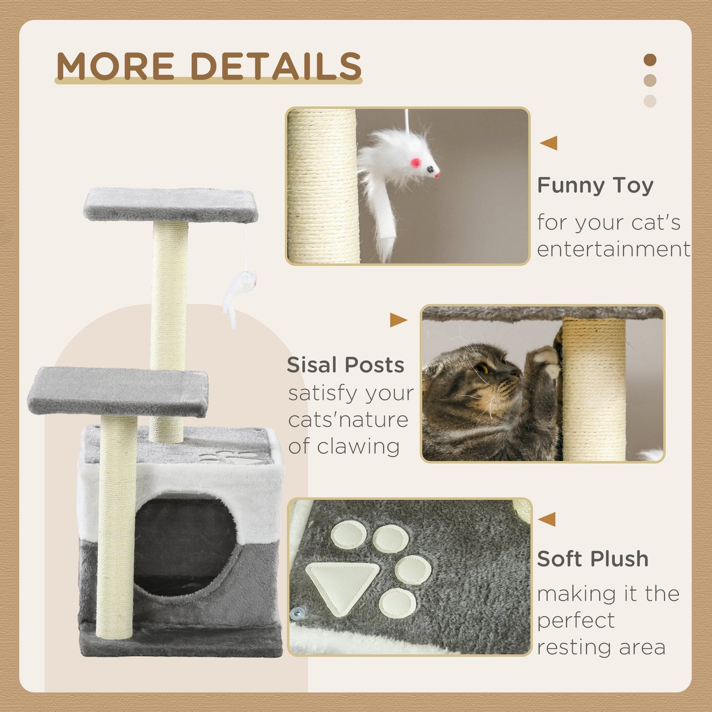 PawHut Cat Tree With Sisal Scratching Posts, House, Perches, Toy Mouse, Grey