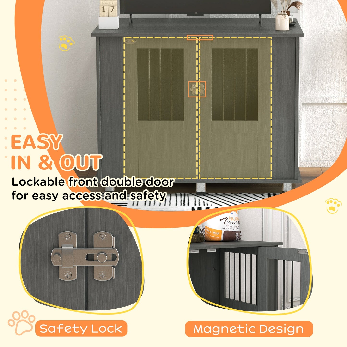 طاولة قفص الكلاب PawHut للكلاب المتوسطة والكبيرة مع باب مغناطيسي للاستخدام الداخلي، 95 × 55 × 75 سم، رمادي