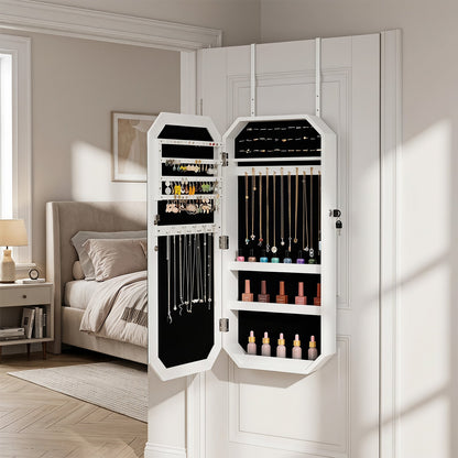 Lockable Full-Length Mirror Jewelry Cabinet with Storage Shelves for Bedroom-White