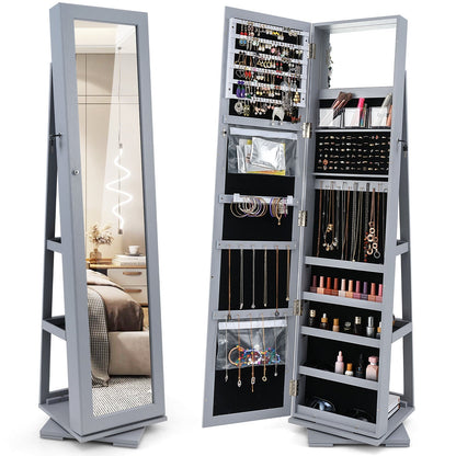 360° Rotatable 2-in-1 Lockable Jewelry Cabinet with Full-Length Mirror-Gray