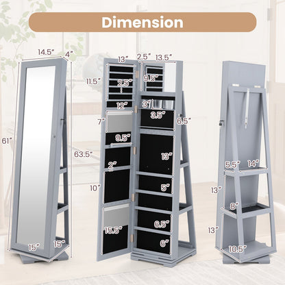 360° Rotatable 2-in-1 Lockable Jewelry Cabinet with Full-Length Mirror-Gray