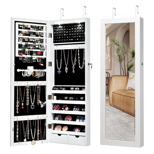 Lockable Jewelry Cabinet with Full Length Mirror and LED Lights-White