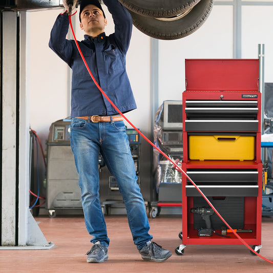 Lockable Tool Storage Cabinet with Handle, Drawers, Wheels and EVA Liner-Red