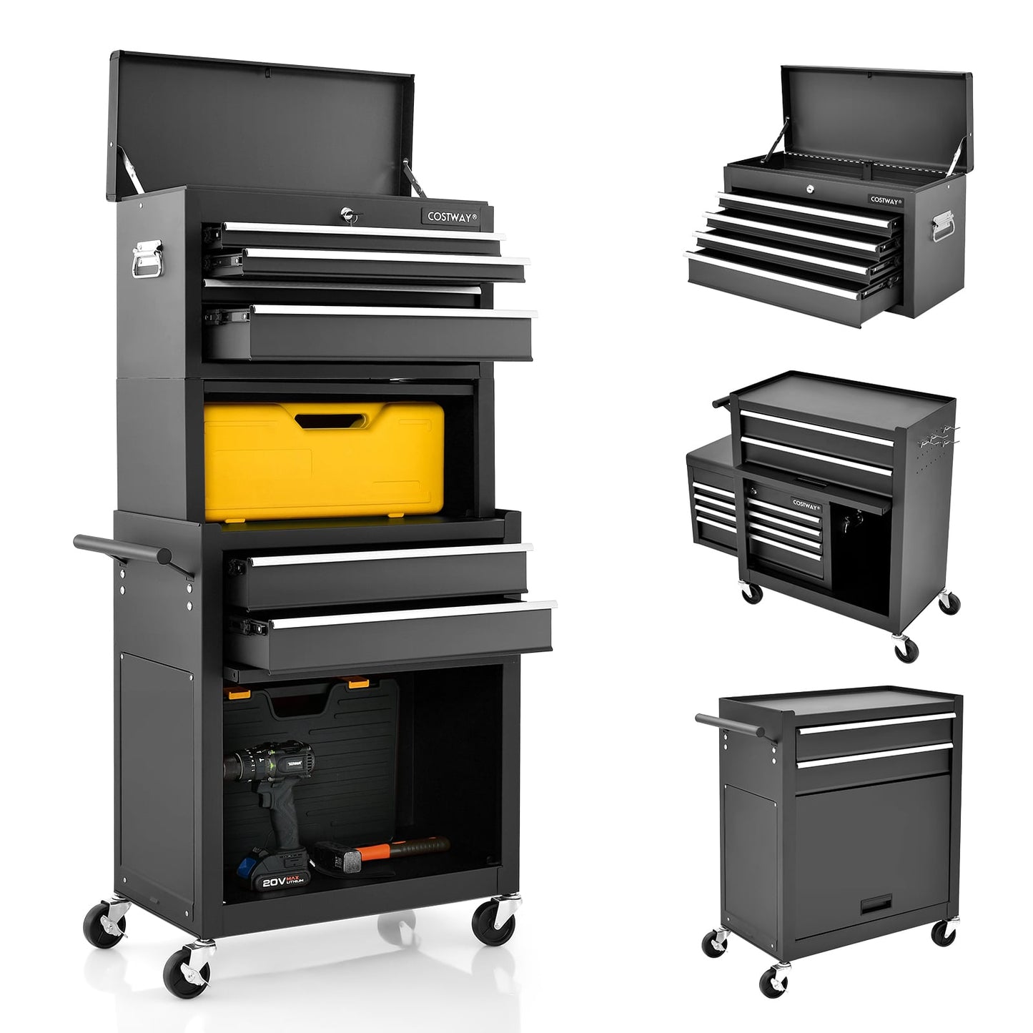 Lockable Tool Storage Cabinet with Handle, Drawers, Wheels and EVA Liner-Black