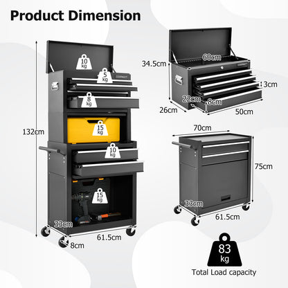 Lockable Tool Storage Cabinet with Handle, Drawers, Wheels and EVA Liner-Black