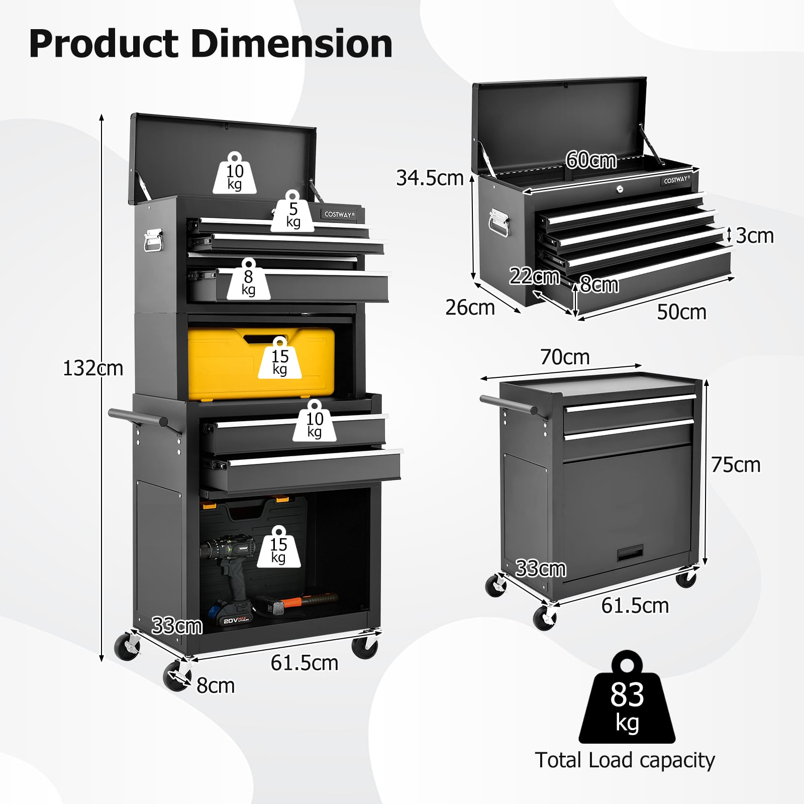 Lockable Tool Storage Cabinet with Handle, Drawers, Wheels and EVA Liner-Black