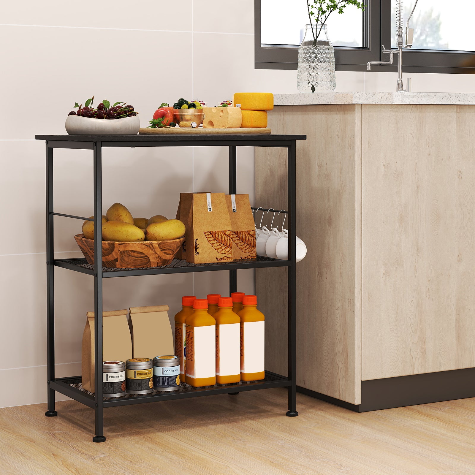 Lockable Trolley with Flexible Wheels, 2 Mesh Shelves and 5 Hanging Hooks-Black