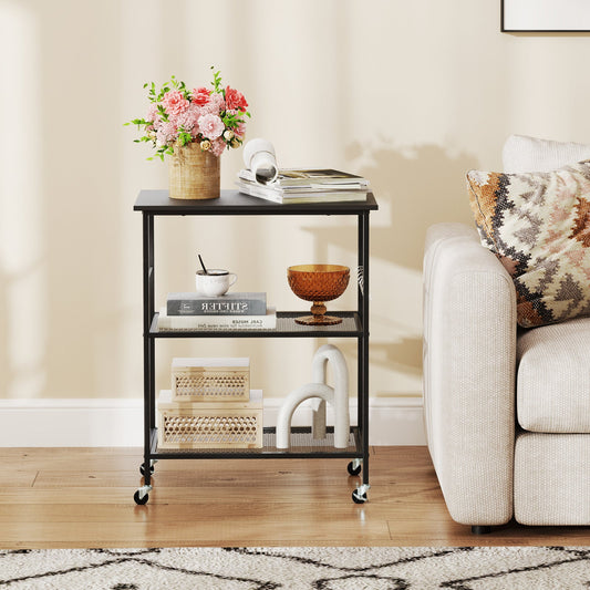 Lockable Trolley with Flexible Wheels, 2 Mesh Shelves and 5 Hanging Hooks-Black