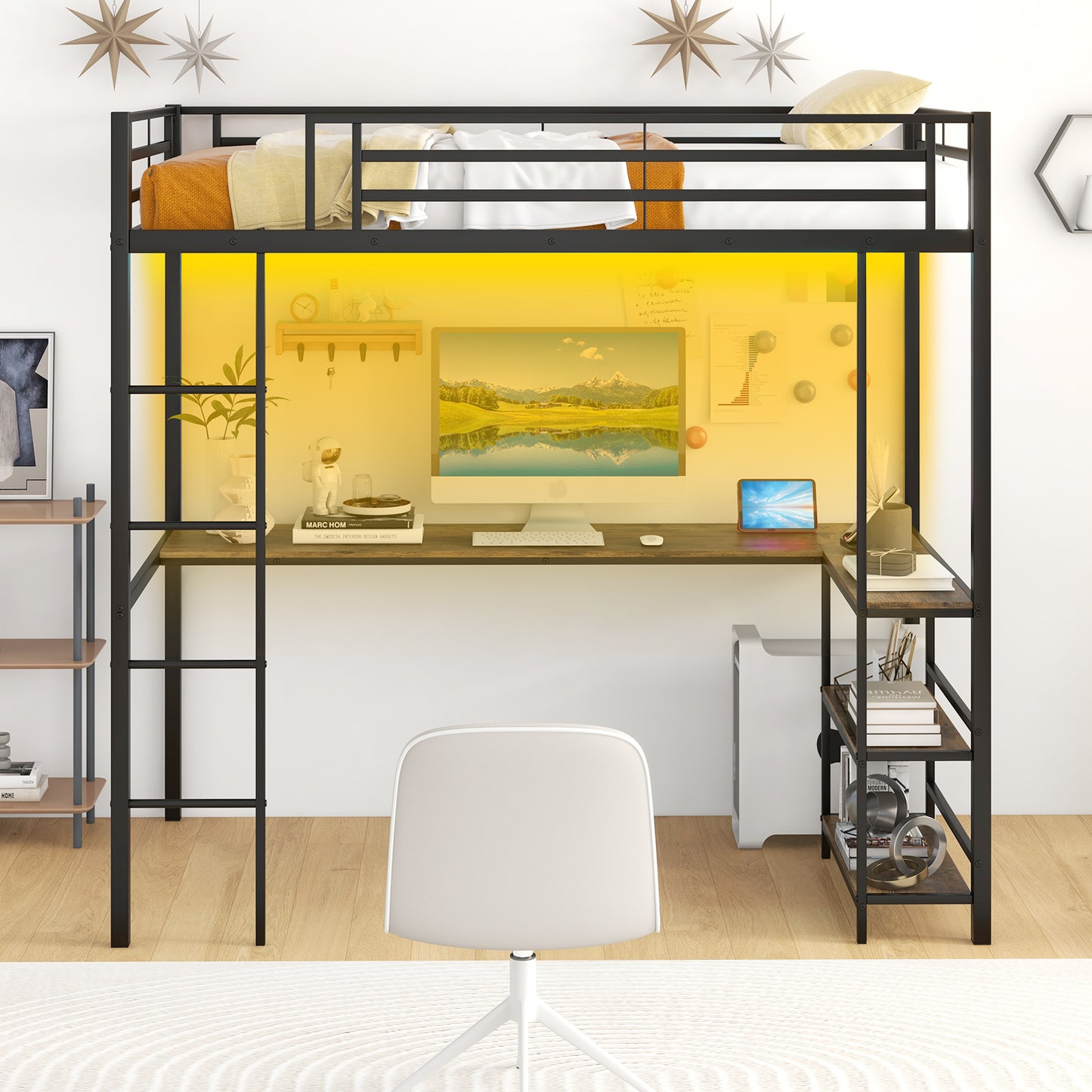 Loft Bed with Desk Single Platform Bed with LED Charging Station and Storage-Black