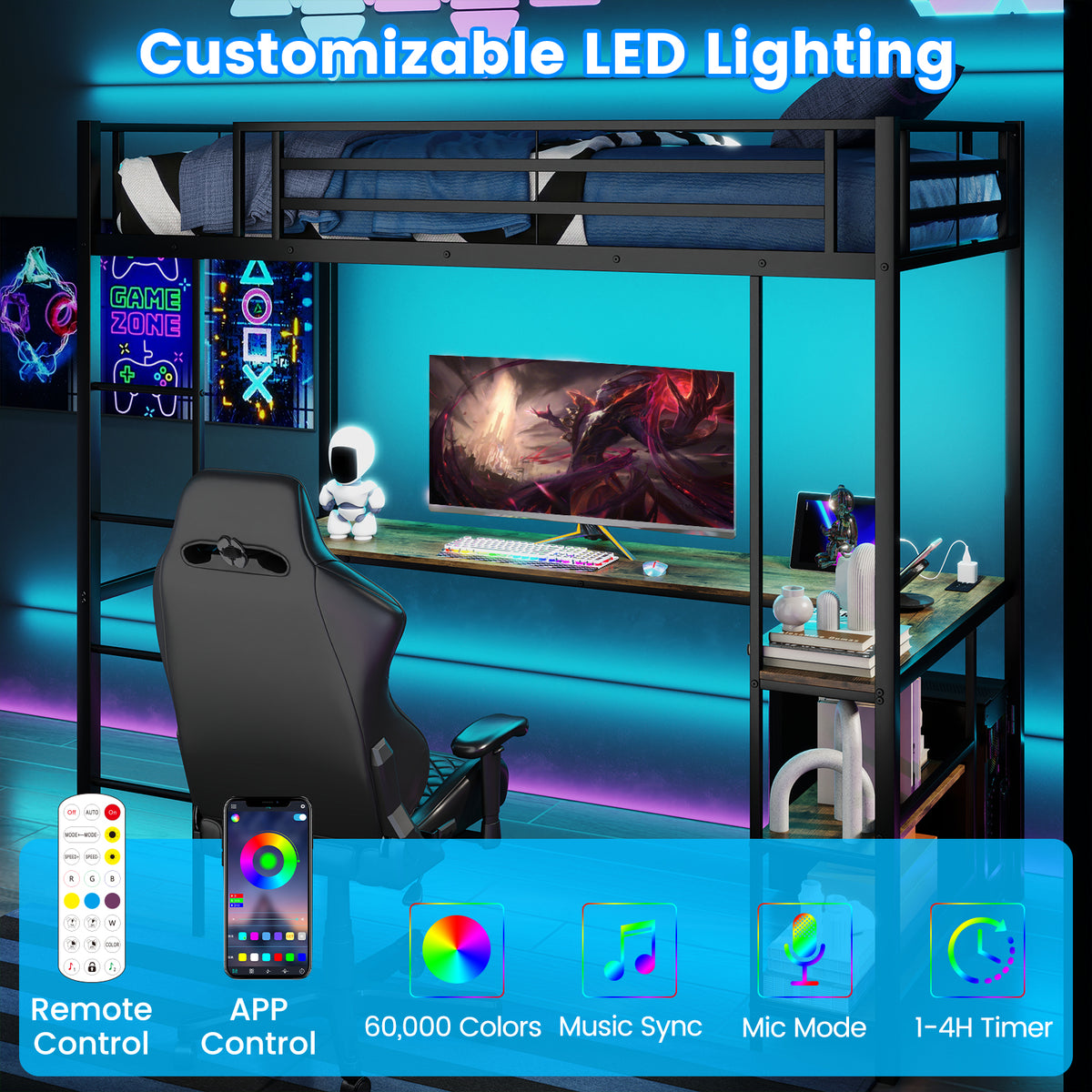 Loft Bed with Desk Single Platform Bed with LED Charging Station and Storage-Black
