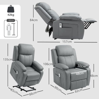 HOMCOM Riser and Recliner Chair with Massage, PU Leather Power Electric Lift Chair for Elderly with High Back, Grey
