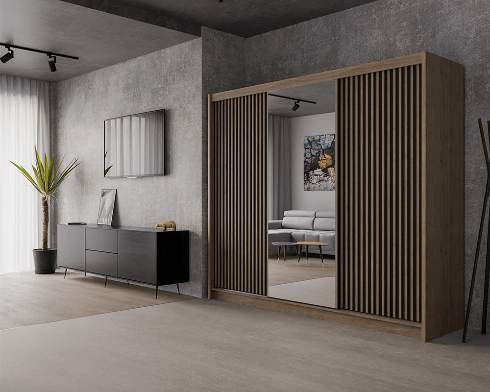 Oak Wotan / Black Mirrored Sliding Door Wardrobe 250cm – WINDSOR