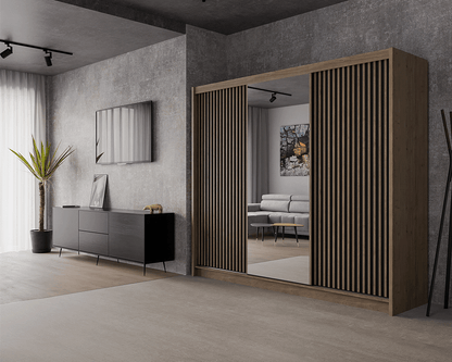 Oak Wotan / Black Mirrored Sliding Door Wardrobe 250cm – WINDSOR