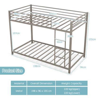 Low Profile Single Over Single Bunk Beds with Ladder and Full-length Guardrails-Silver