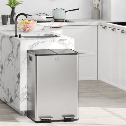 HOMCOM 56L Dual Compartment Stainless Steel Bin, with Deodoriser Holders - Silver Tone