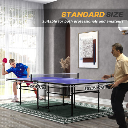 SPORTNOW 9FT Folding Table Tennis Table with 4 Wheels, for Indoor Use, Blue