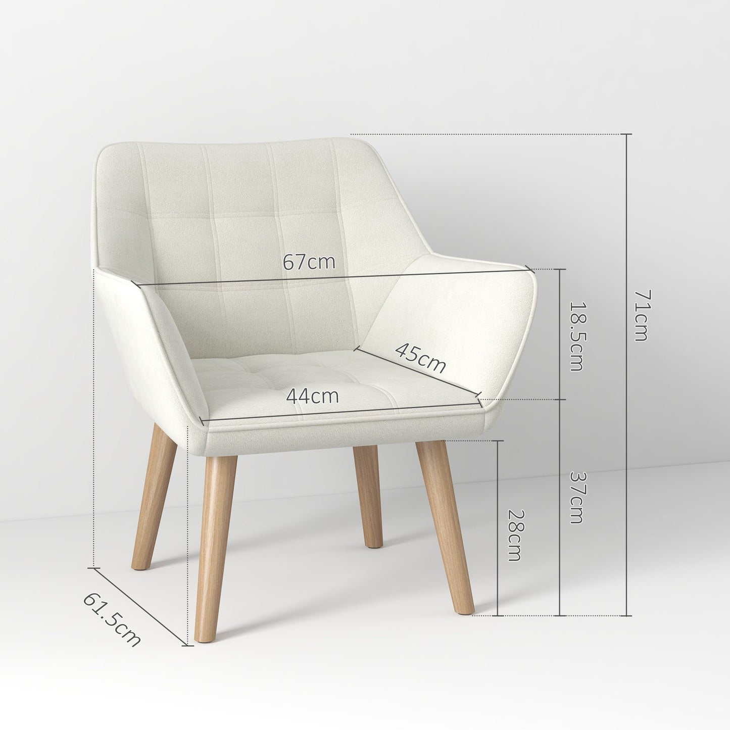 Set of 2 Accent Chair, Arm Chair with Slanted Back, Thick Padding and Rubber Wooden Legs for Living Room, Cream White