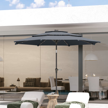 Outsunny 3-poziomowy parasol ogrodowy z lampami LED zasilanymi energią słoneczną, UPF 30+, mechanizmem pochylania i korbą, na taras w kolorze ciemnoszarym