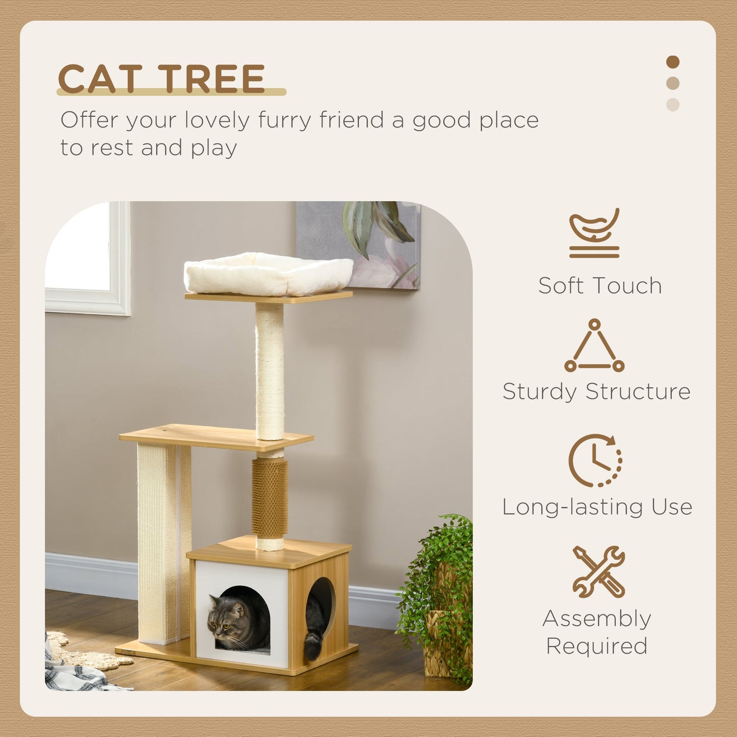 PawHut Cat Tree with Scratching Posts, Cat House, Cat Bed, Perches, 59.5 x 39.5 x 114cm - Oak Tone