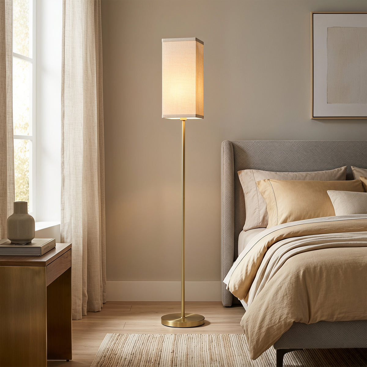 HOMCOM Floor Lamp, Modern Standing Lamp with Linen Shade and Foot Switch, Tall Lamps for Bedroom, Bulb not Included, Gold Tone