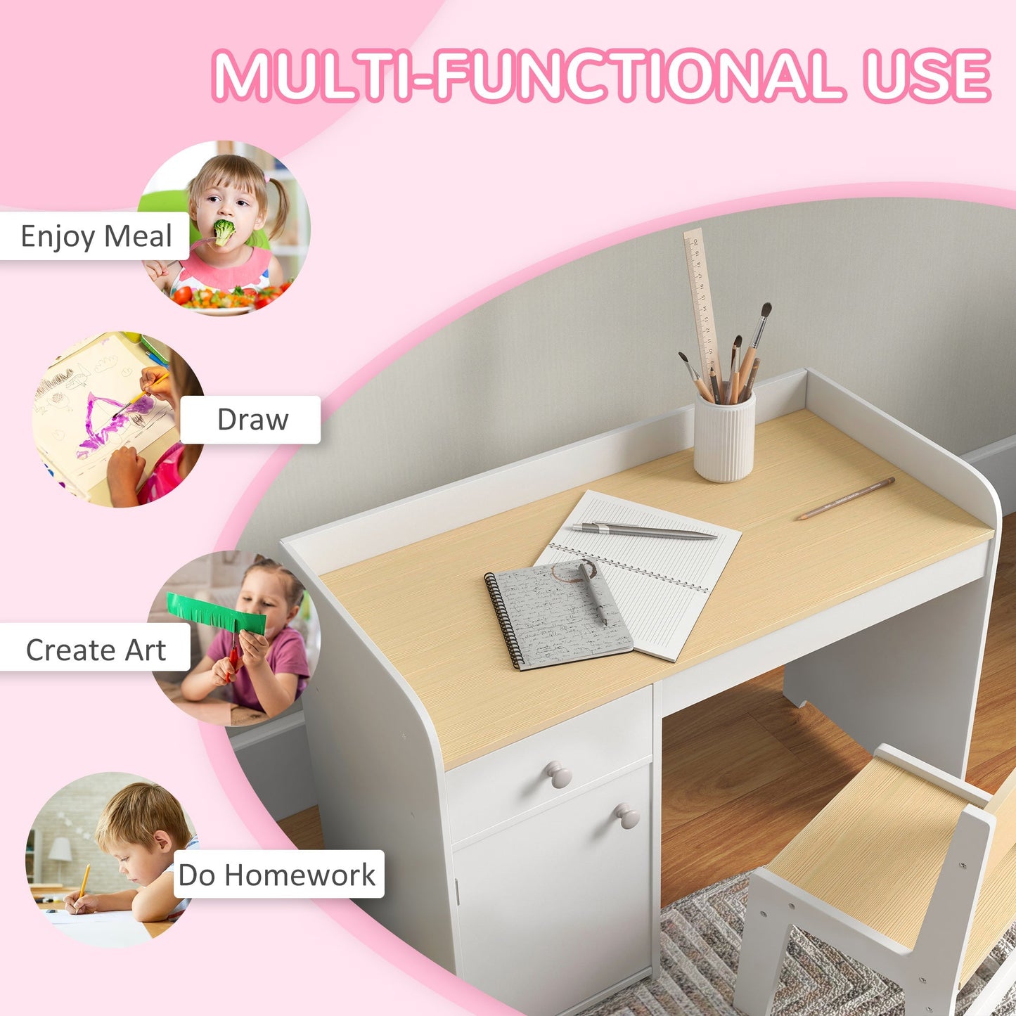 ZONEKIZ Kids Desk and Chair Set for 3-6 Year Old with Storage Drawer, Study Table and Chair for Children, White