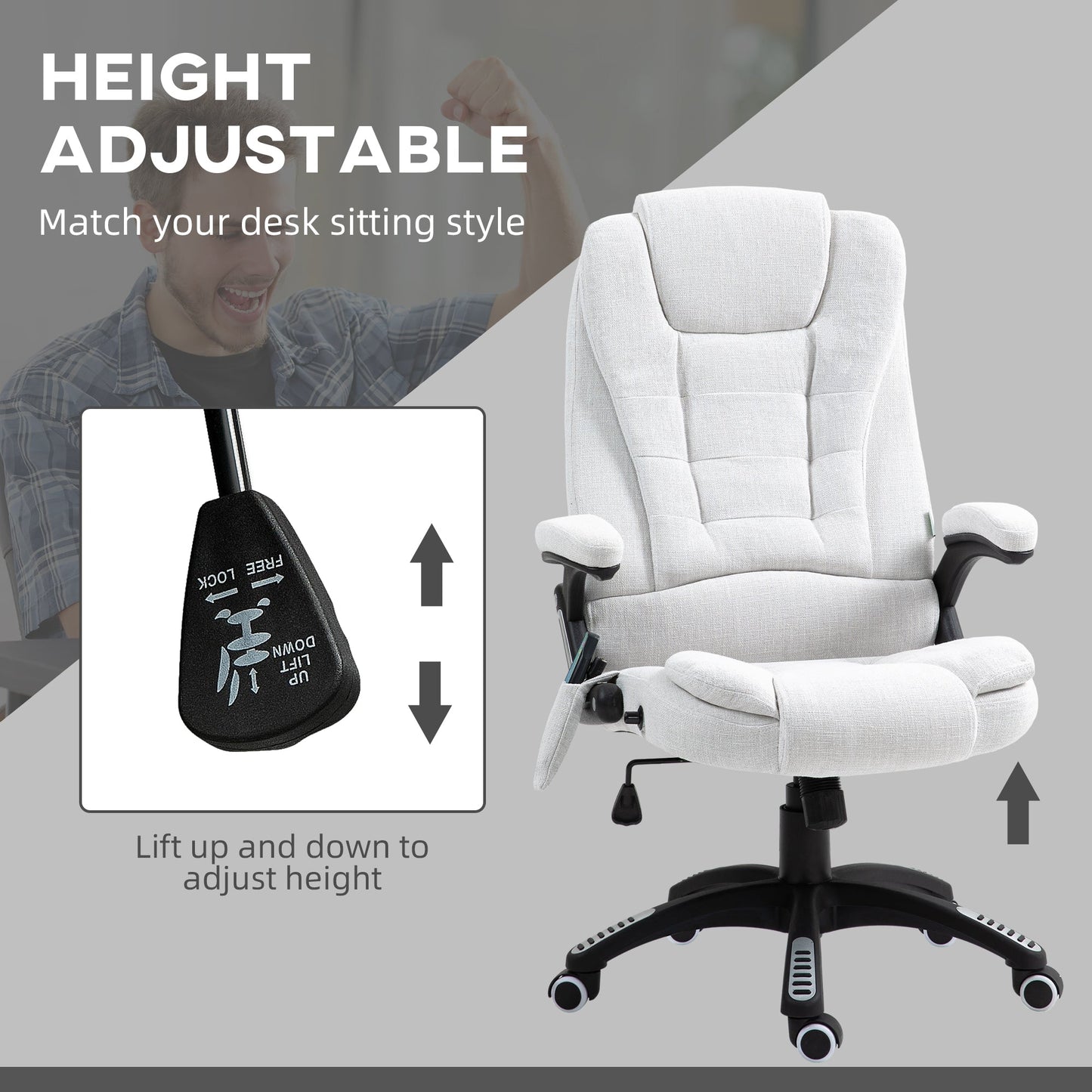 Vinsetto Massage Recliner Chair Heated Office Chair with Six Massage Points Linen-Feel Fabric 360  Swivel Wheels Cream White