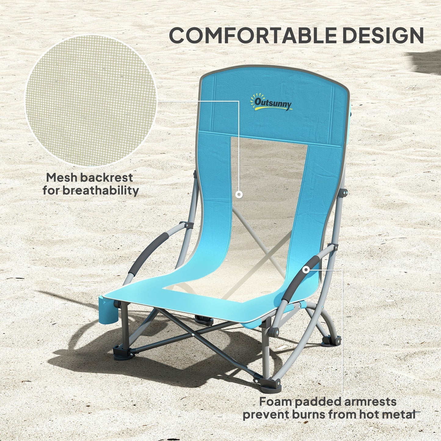 Outsunny Set of 2 Folding Beach Chair, Low Camping Chair with Mesh Back, Carry Bag and Cup Holder for Garden Outdoor Picnic Festival Travel, Blue