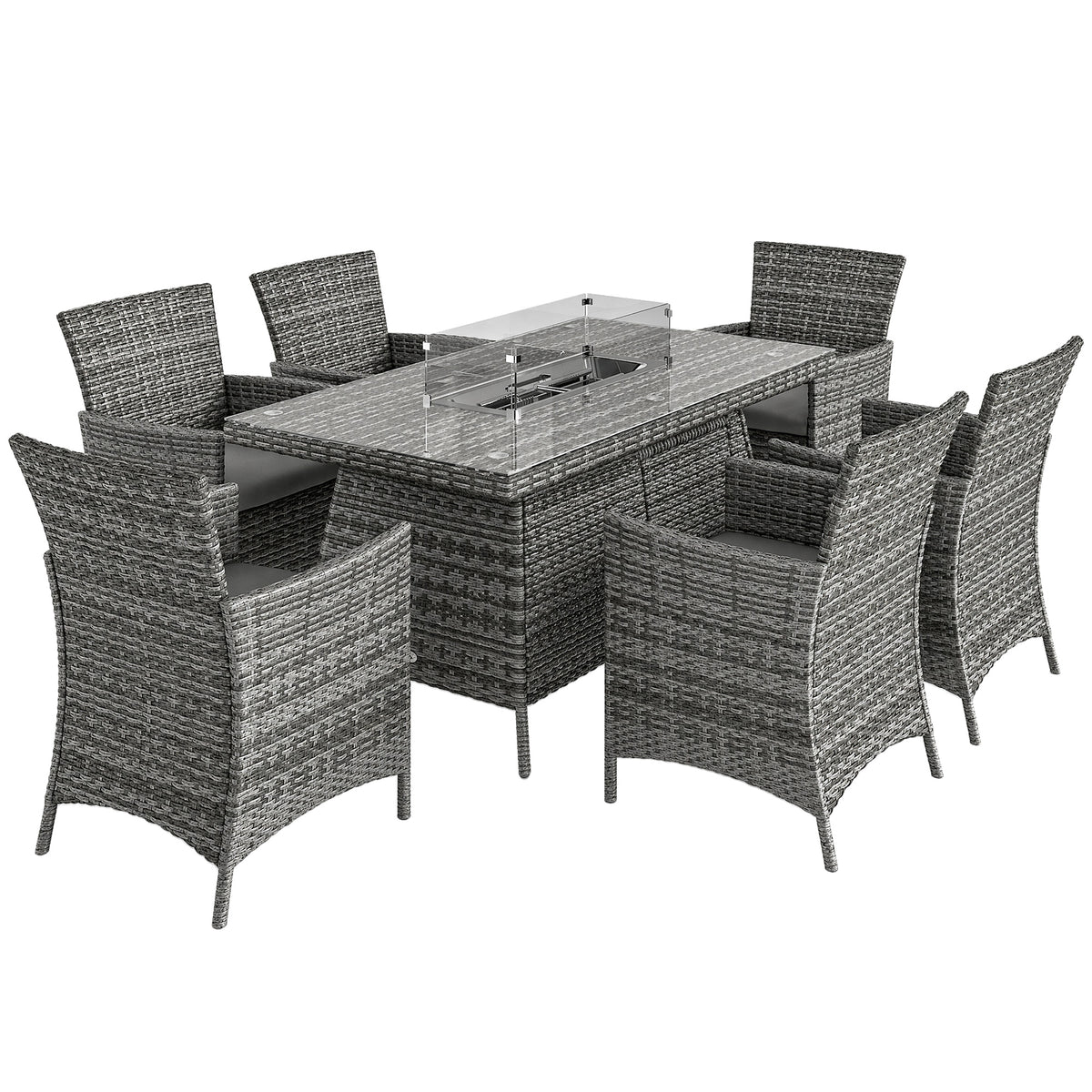 Outsunny 7 Pieces Outdoor Rattan Garden Furniture with Fire Pit Table, 6 Seater Garden Table and Chairs with Cushions, Rattan Dining Set with Propane Heater Table, Windscreen, 50,000 BTU, Grey