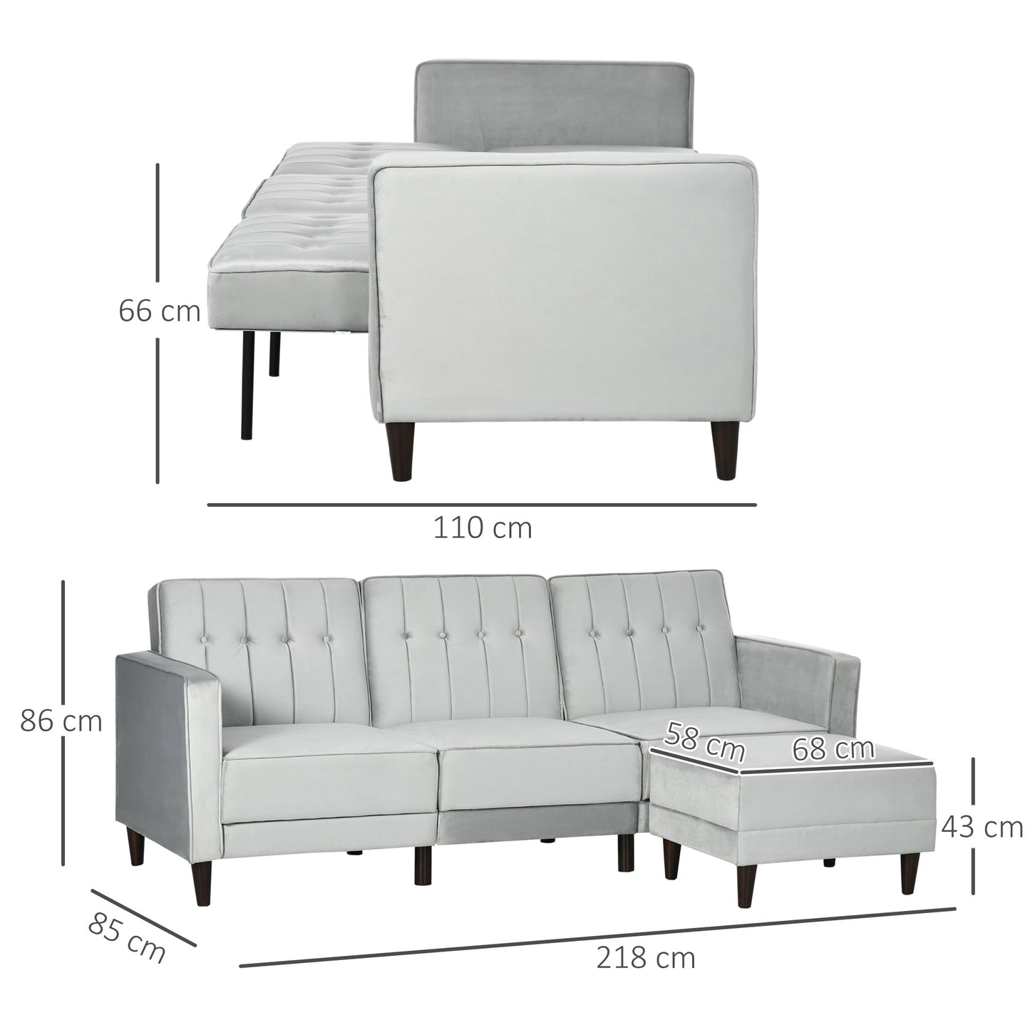 HOMCOM 3 Seater Sofa Bed with Portable Footstool, Light Grey