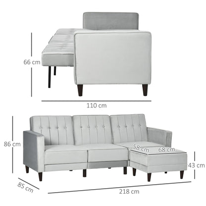 HOMCOM 3 Seater Sofa Bed with Portable Footstool, Light Grey