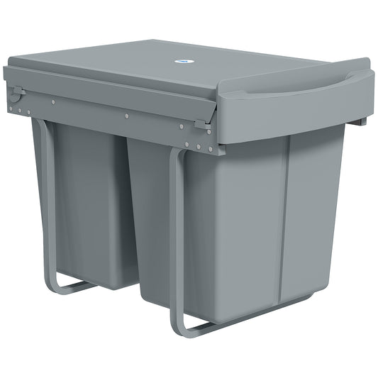 HOMCOM Pull Out Bin, Kitchen Under Sink Bin with 2 Removable Compartments, Smooth Glide, Grey