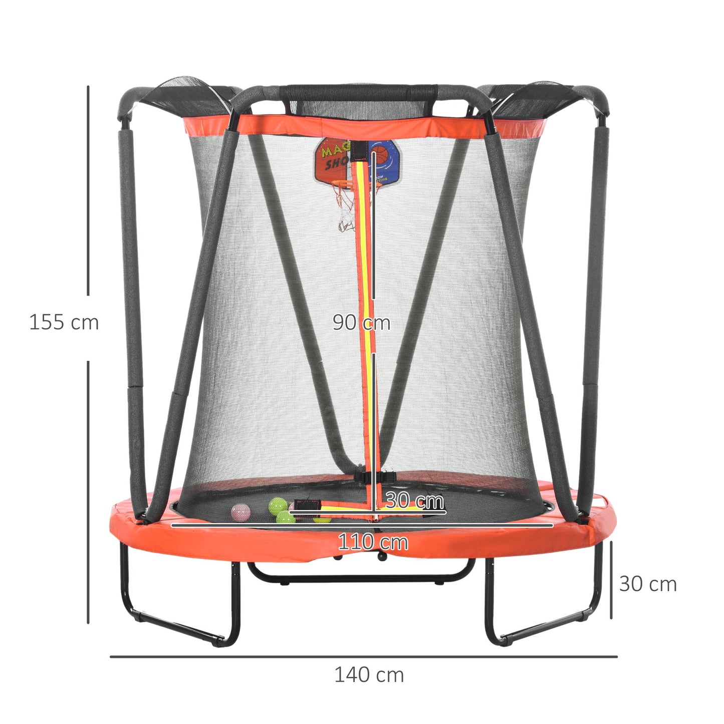 ZONEKIZ 4.6FT Kids Trampoline with Enclosure, Basketball, Sea Balls, Hoop, for Ages 3-10 Years - Red