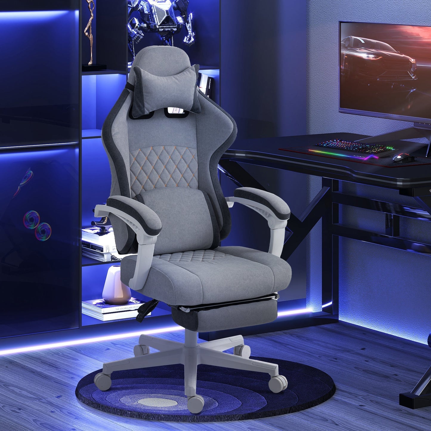 HOMCOM Ergonomic High Back Gaming Chair for Adults, Printed Velvet Computer Recliner Chair with Footrest, Lumbar Support, Adjustable Height and 360 Swivel Seat for Office or Gaming, Grey