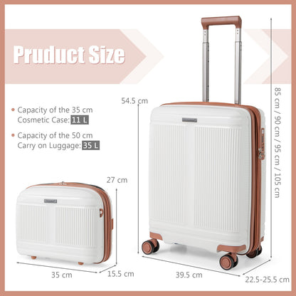 2-Piece Luggage Set 20 Inch Carry-on Suitcase and 14 Inch Cosmetic Case-White