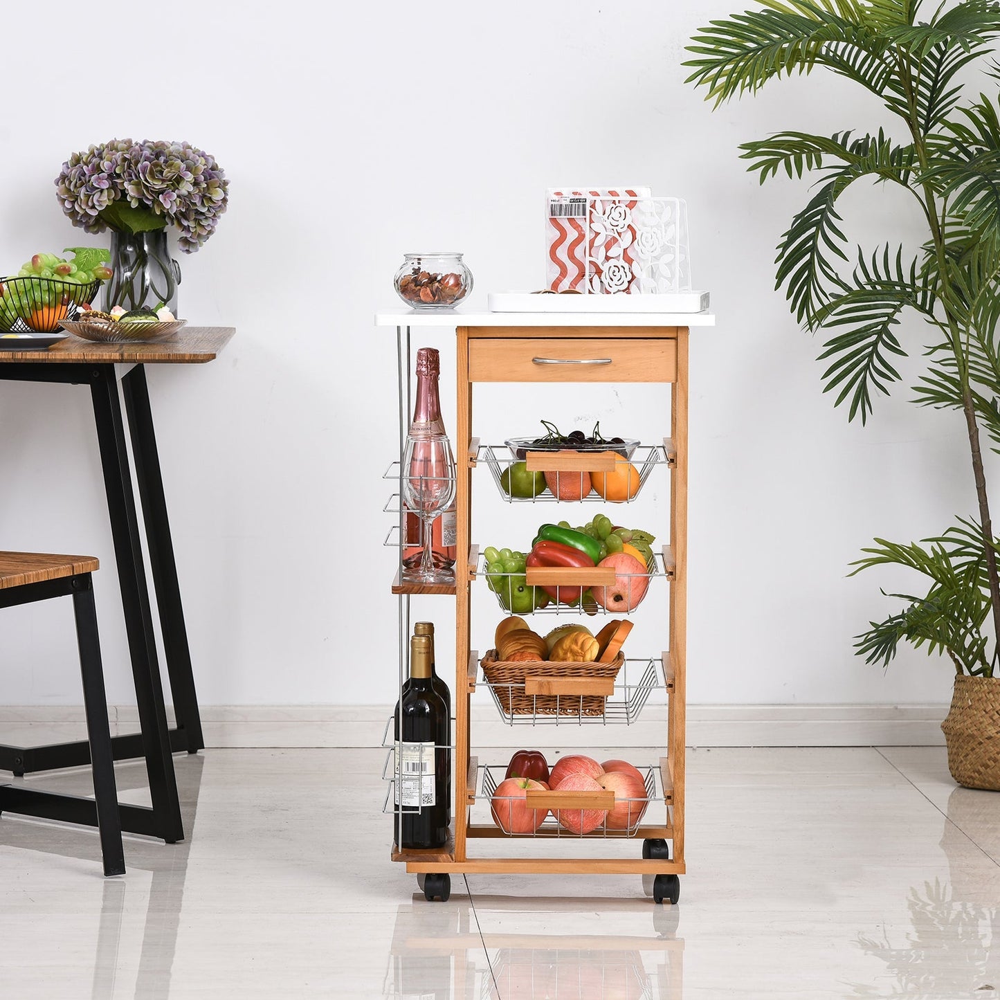 Rolling Kitchen Cart, Utility Storage Cart with 4 Basket Drawers & Side Racks, Wheels for Dining Room, Brown