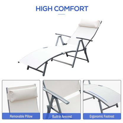 Outsunny Sun Lounger Steel Frame Outdoor Folding Chaise Texteline Lounge Chair Recliner with Headrest & 7 Levels Adjustable Backrest, Cream White