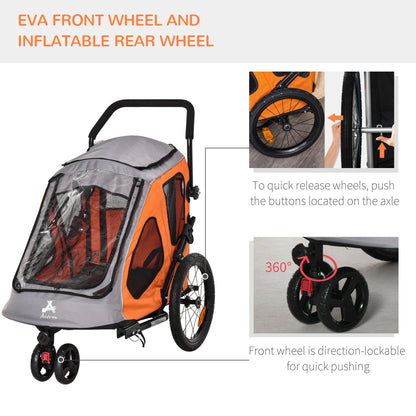 PawHut 2 IN 1 Dog Bicycle Trailer Pet Carrier Stroller 360° Rotatable Front Wheel Reflectors Parking Brake Straps Cup Holder Water Resistant Orange