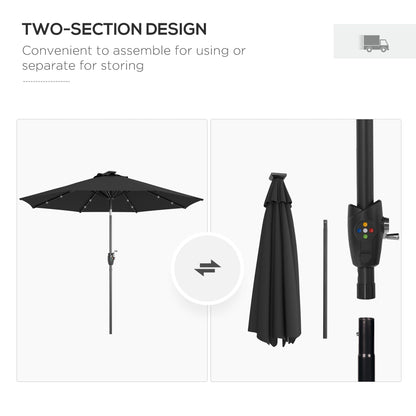 Outsunny 2,7 ​​m Parasol ogrodowy Solarny Zewnętrzny Parasol słoneczny z uchylnym dachem Patio z 24 diodami LED, korbą ręczną i 8 żebrami, czarny