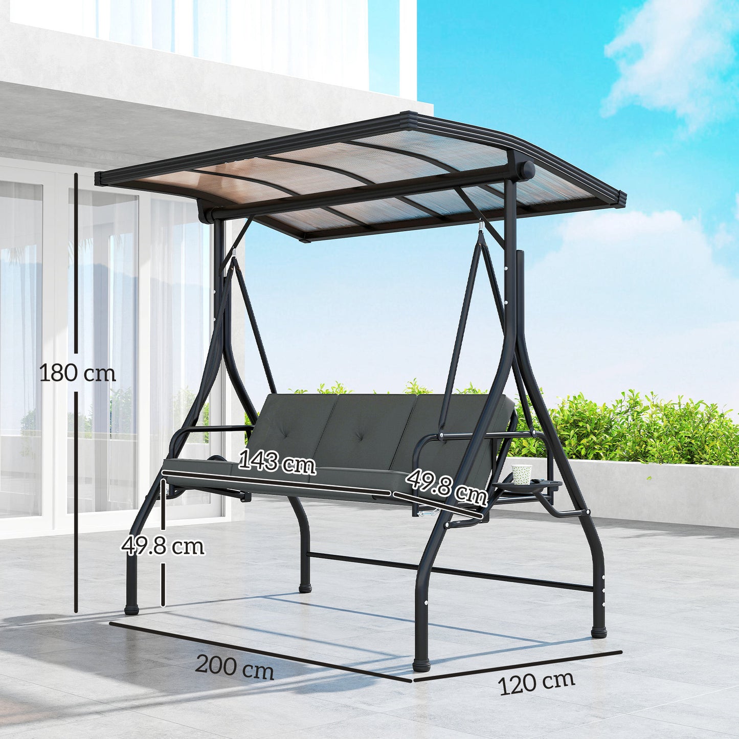 Outsunny Convertible Three-Seater Swing Bench Bed - Ciemnoszary