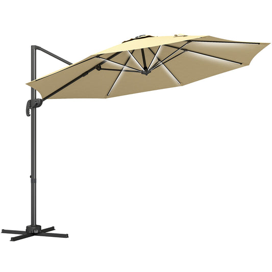 Outsunny 3(m) Adjustable Cantilever Parasol with Base, Solar LED Lights, Khaki