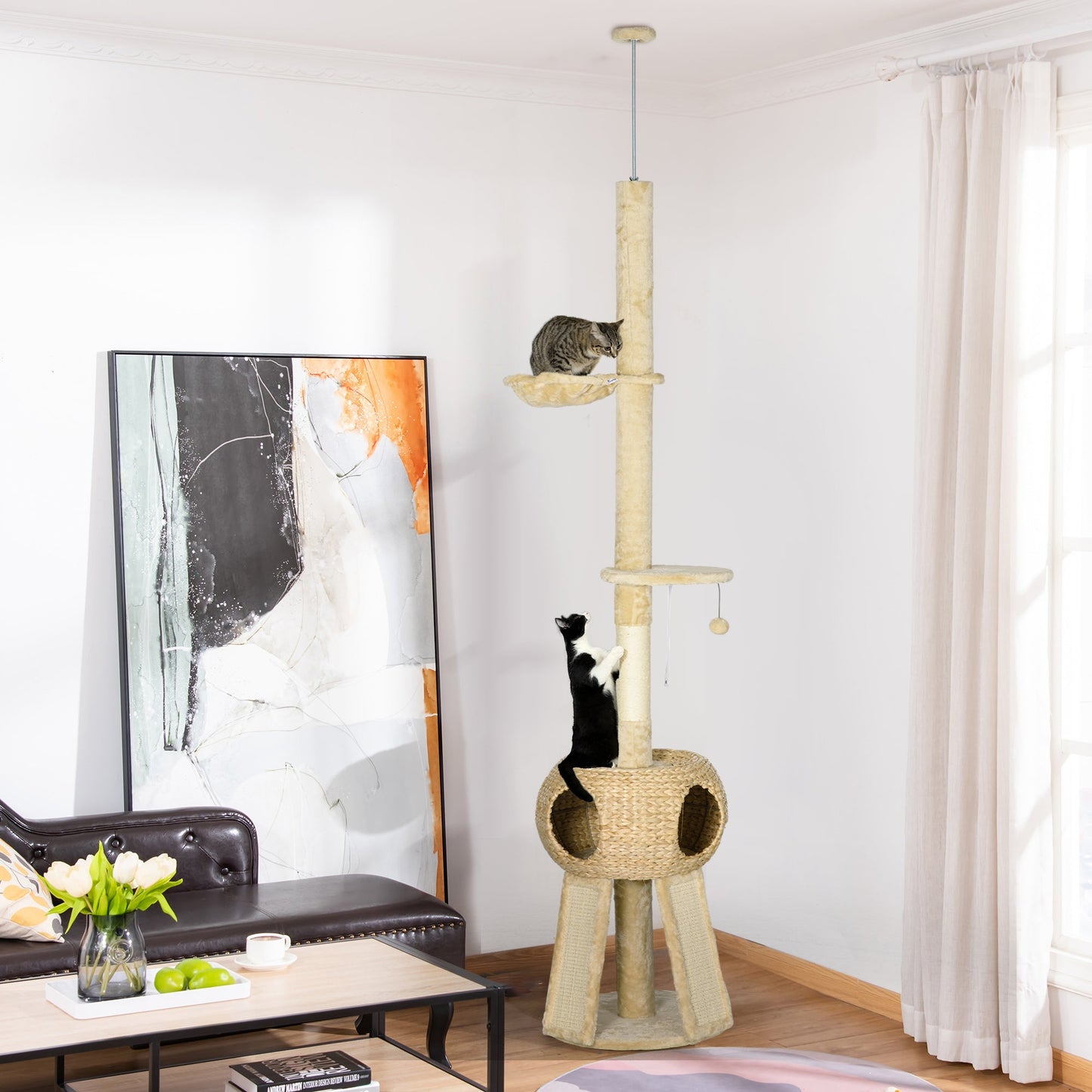 PawHut 255cm Cat Tree Tower for Indoor Cats, with Scratching Post, Cat House, Platform - Beige