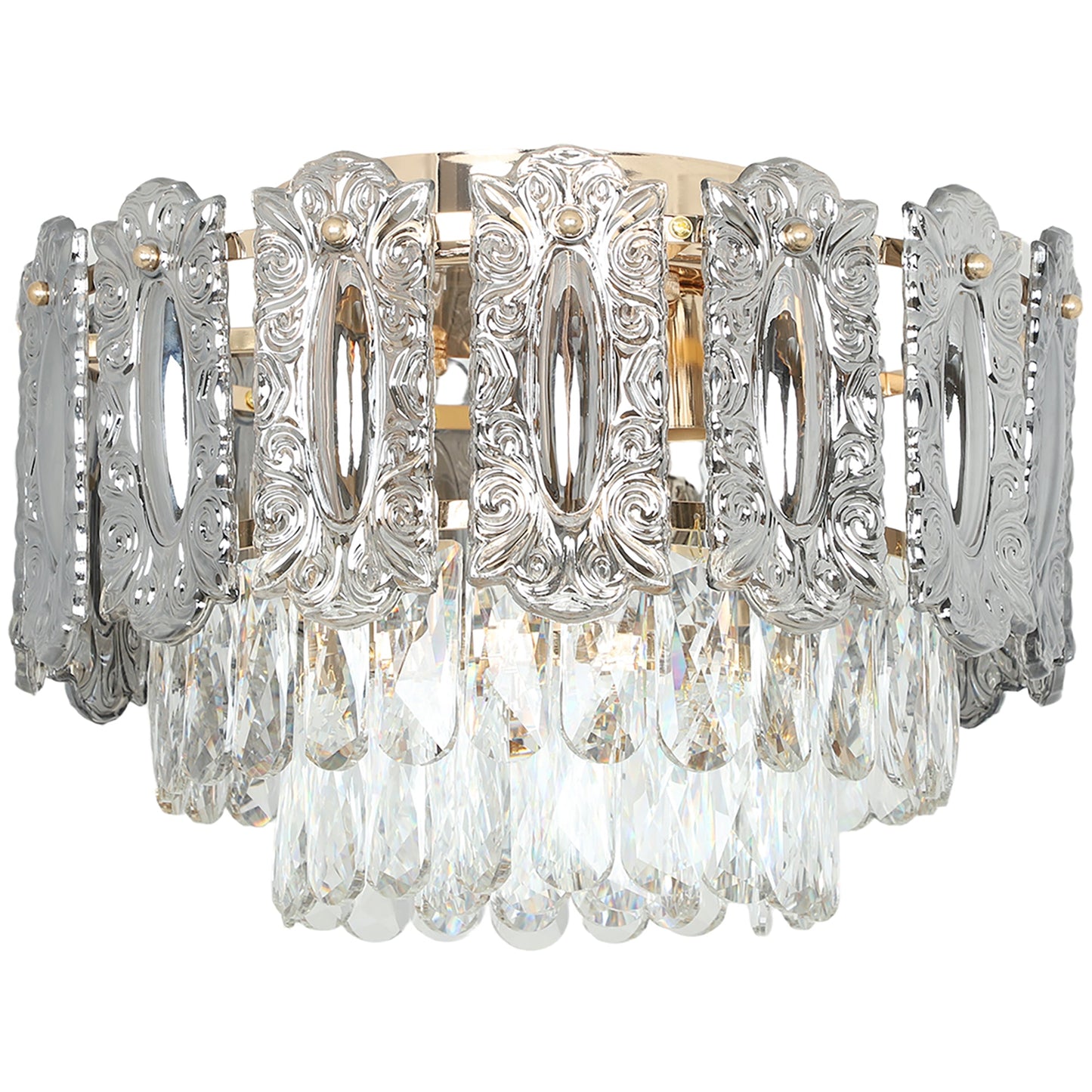HOMCOM Chandelier Ceiling Light, 3-Light Vintage Flush Mount Fixture with Dual Crystal and Smoke Glass Shade, LED Ceiling Light for Living Room Bedroom, 3 E27 Sockets, Bulbs Not Included, Gold Tone