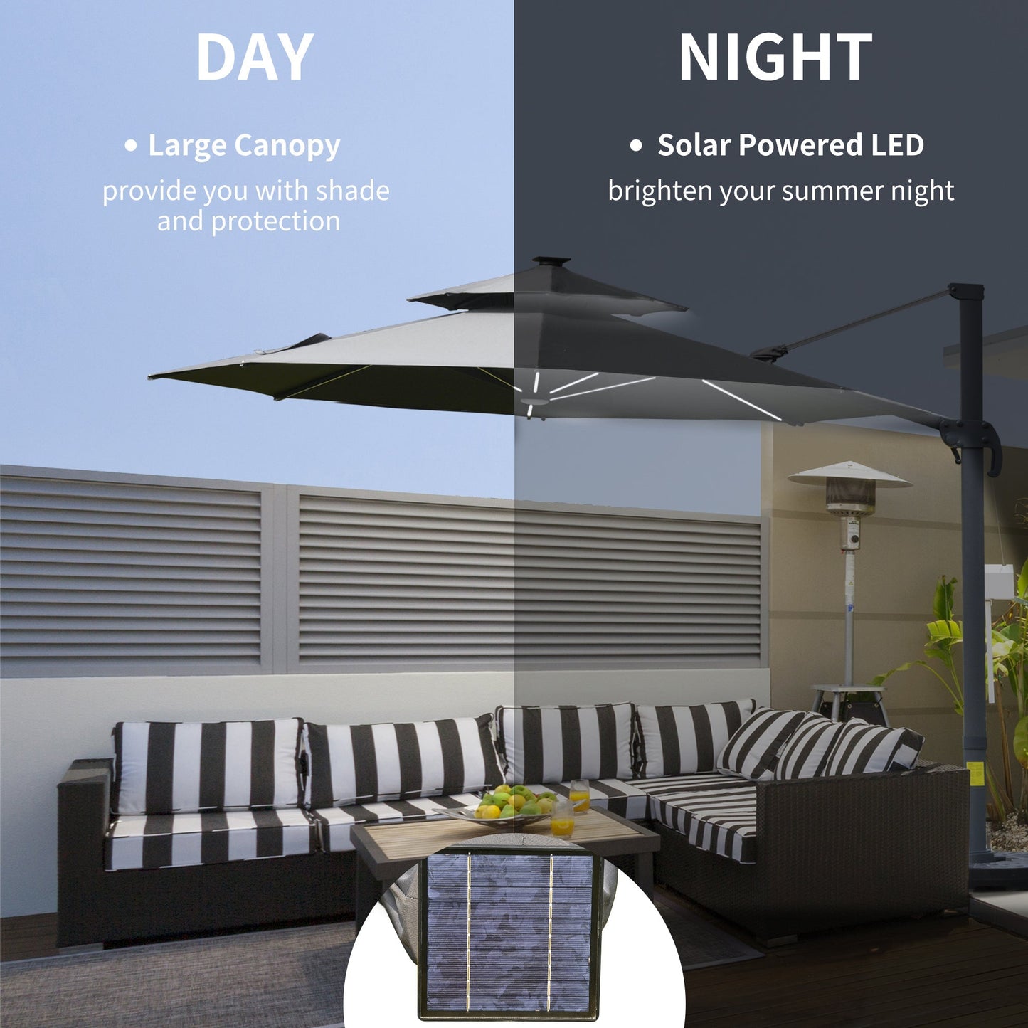 Outsunny 3m Cantilever Parasol w/ Solar Lights Power Bank Cross Base مظلة قابلة للتعديل 360 درجة تدور في الهواء الطلق مظلة حديقة 2-Tier Roof Sun Shade Gray