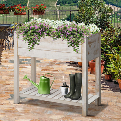 Outsunny Garden Wooden Planter Raised Garden Bed Elevated Grow Box with 2 tiers, 4 Pockets for Vegetable Flower Herb Gardening Backyard Patio, White